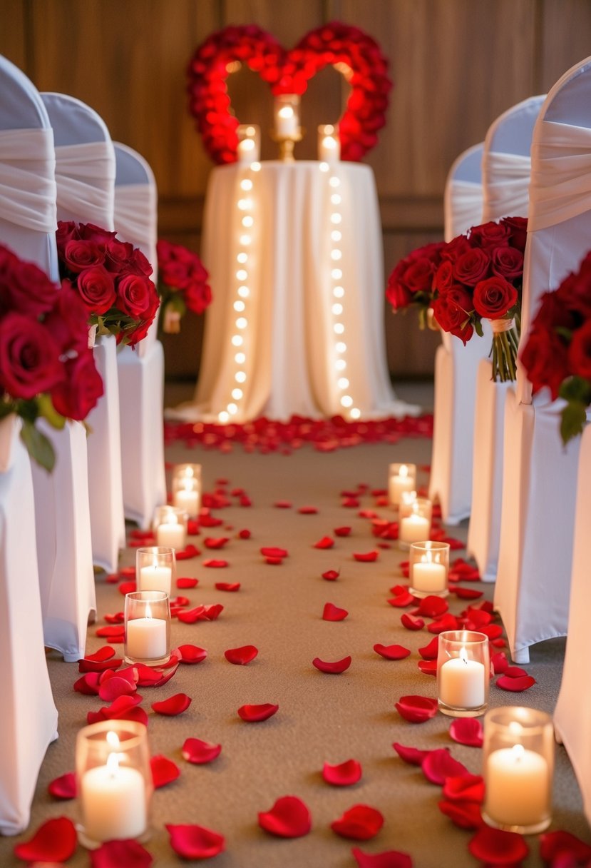 A candlelit aisle with rose petals, leading to an altar adorned with red roses and soft lighting, creating a romantic ambiance for a Valentine's Day wedding