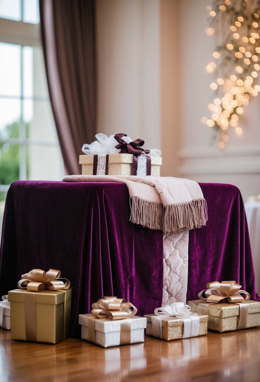 A luxurious blanket draped over a beautifully set wedding gift table