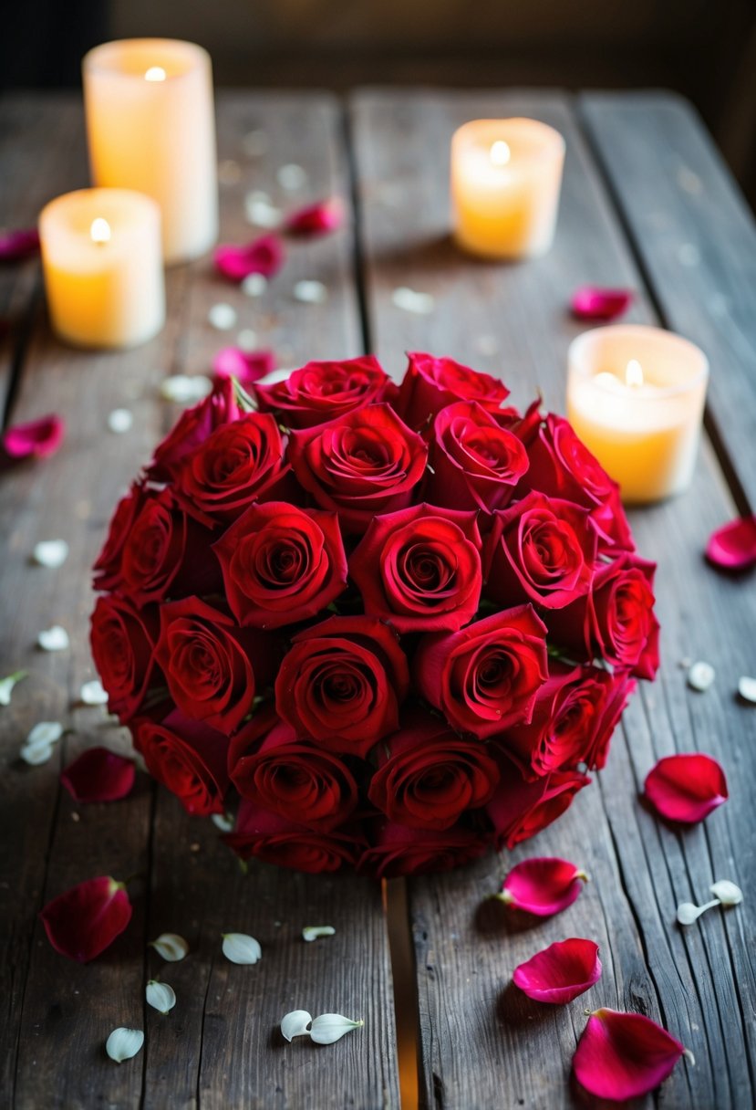 A red rose bridal bouquet sits on a rustic wooden table, surrounded by scattered petals and soft candlelight