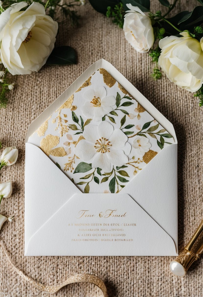 A handcrafted wedding invitation with a fancy envelope liner featuring elegant floral patterns and delicate gold accents