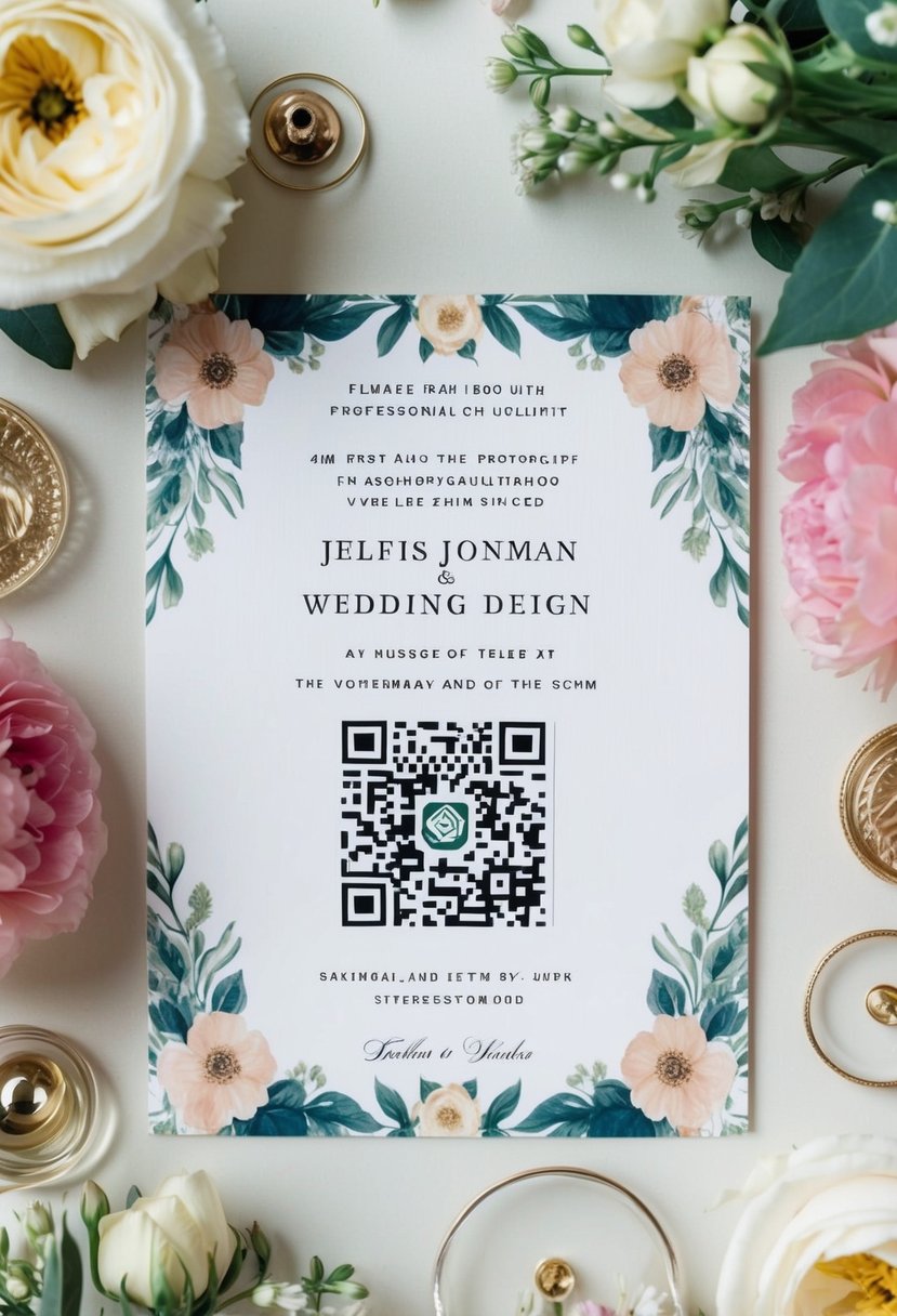 A wedding invitation with a QR code surrounded by floral and elegant design elements