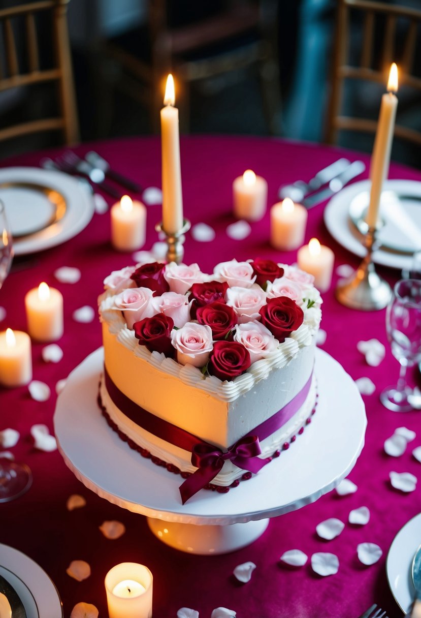 A heart-shaped cake adorned with roses and ribbons, surrounded by candles and scattered rose petals on a romantic table setting