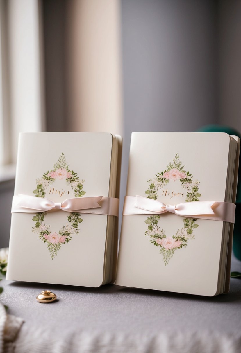 Two elegant, personalized notebooks lie side by side on a table, adorned with delicate floral motifs and tied with satin ribbons