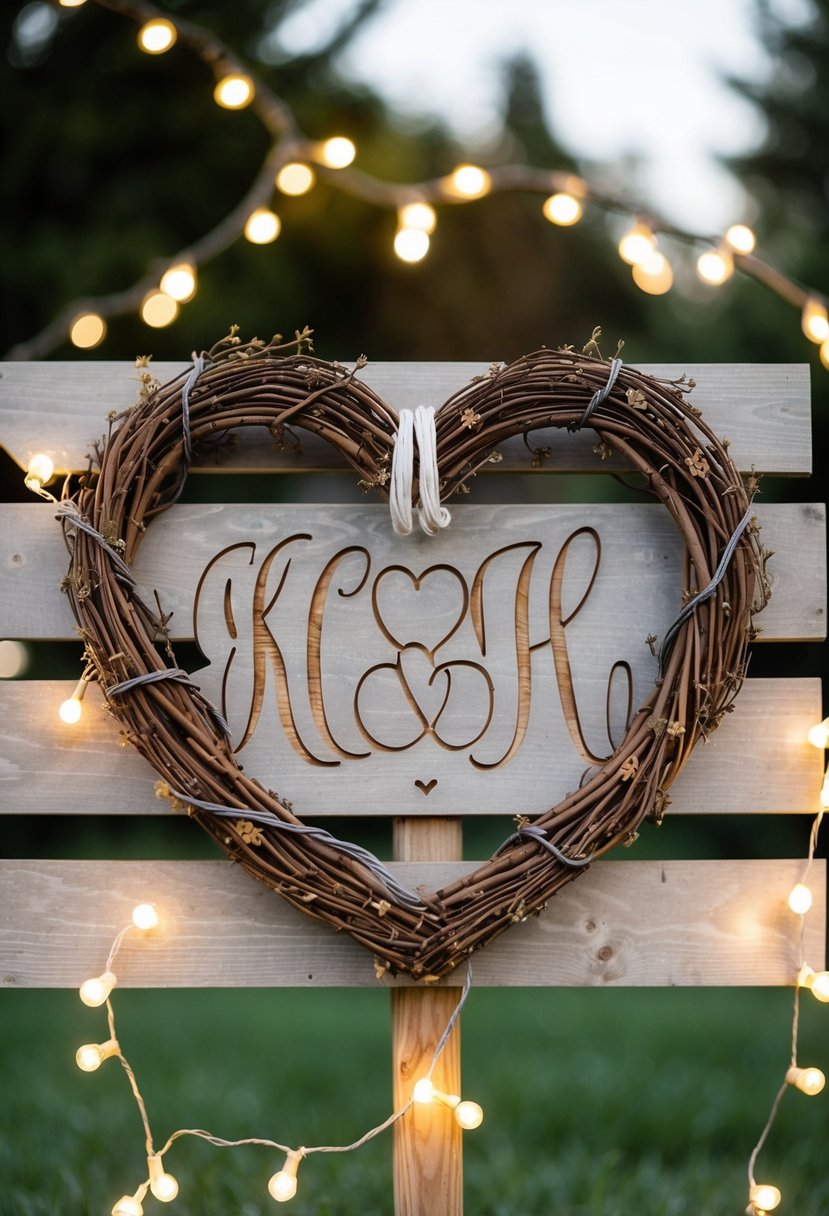 A rustic wooden sign with a heart-shaped wreath and the couple's initials carved into it, surrounded by twinkling fairy lights