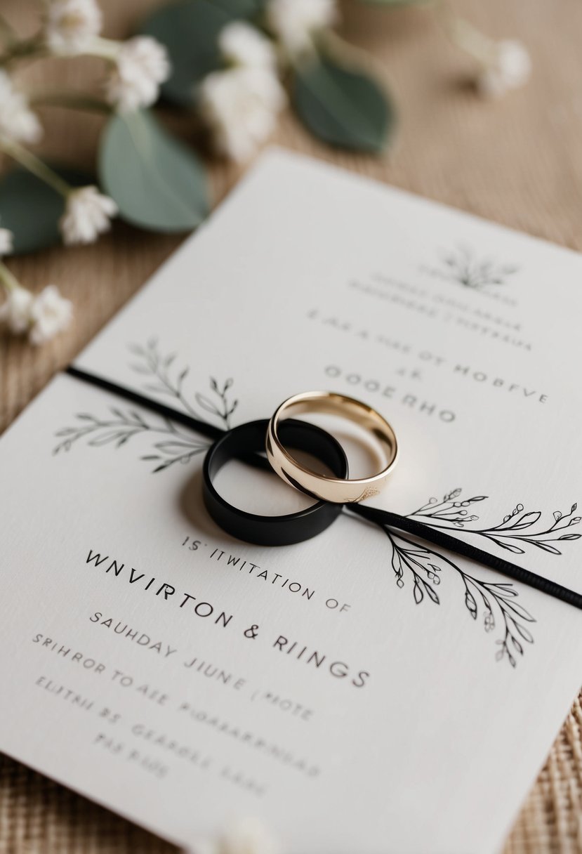 A simple black and white wedding invitation with two intersecting rings and a delicate floral motif