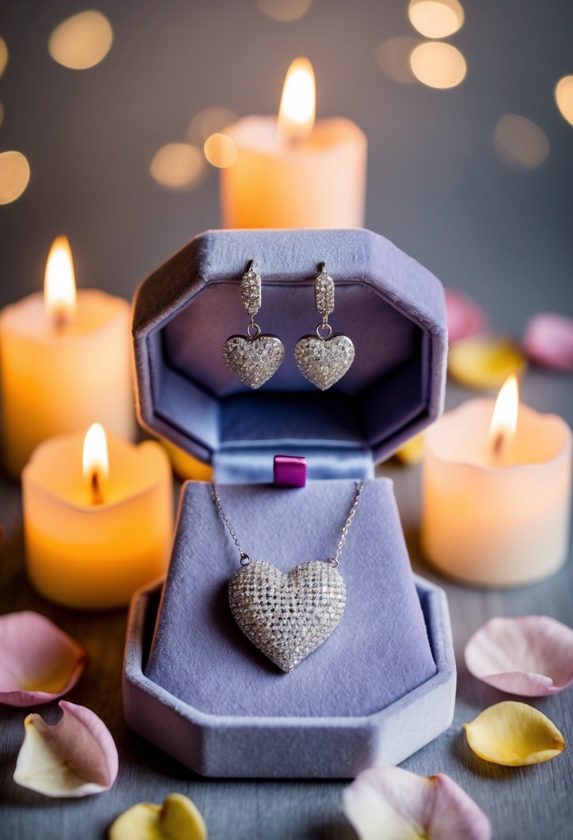 A sparkling heart-shaped necklace and matching earrings displayed on a velvet cushion, surrounded by delicate rose petals and flickering candlelight