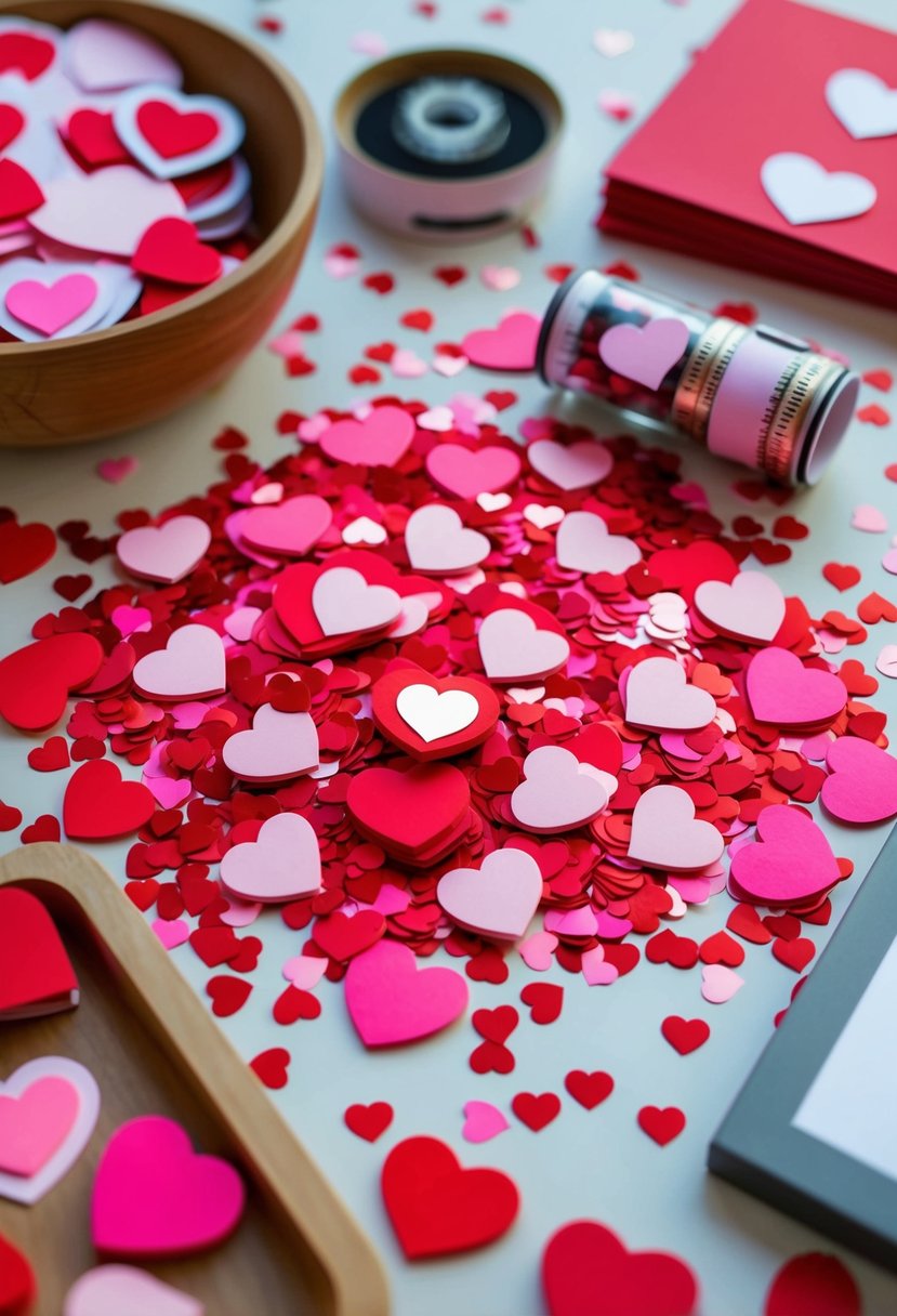 A table scattered with heart-shaped confetti, surrounded by craft supplies and finished valentines