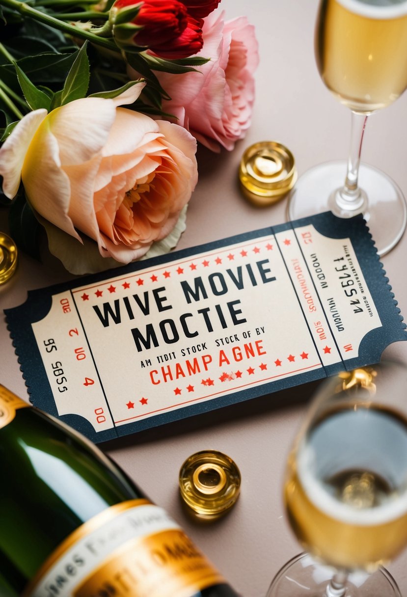 A vintage movie ticket surrounded by romantic elements like flowers and champagne