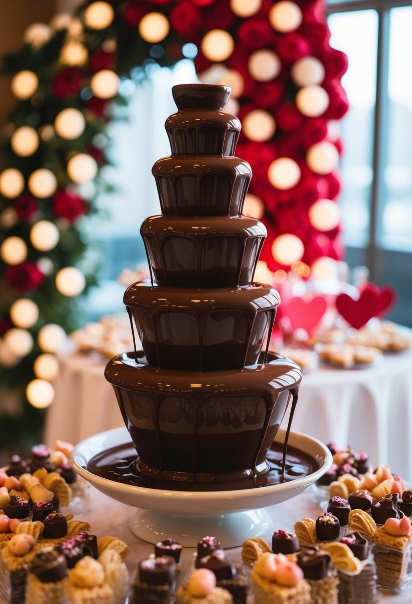 A chocolate fountain flows with cascading sweetness, surrounded by an array of delectable treats and romantic decor for a Valentine's Day wedding