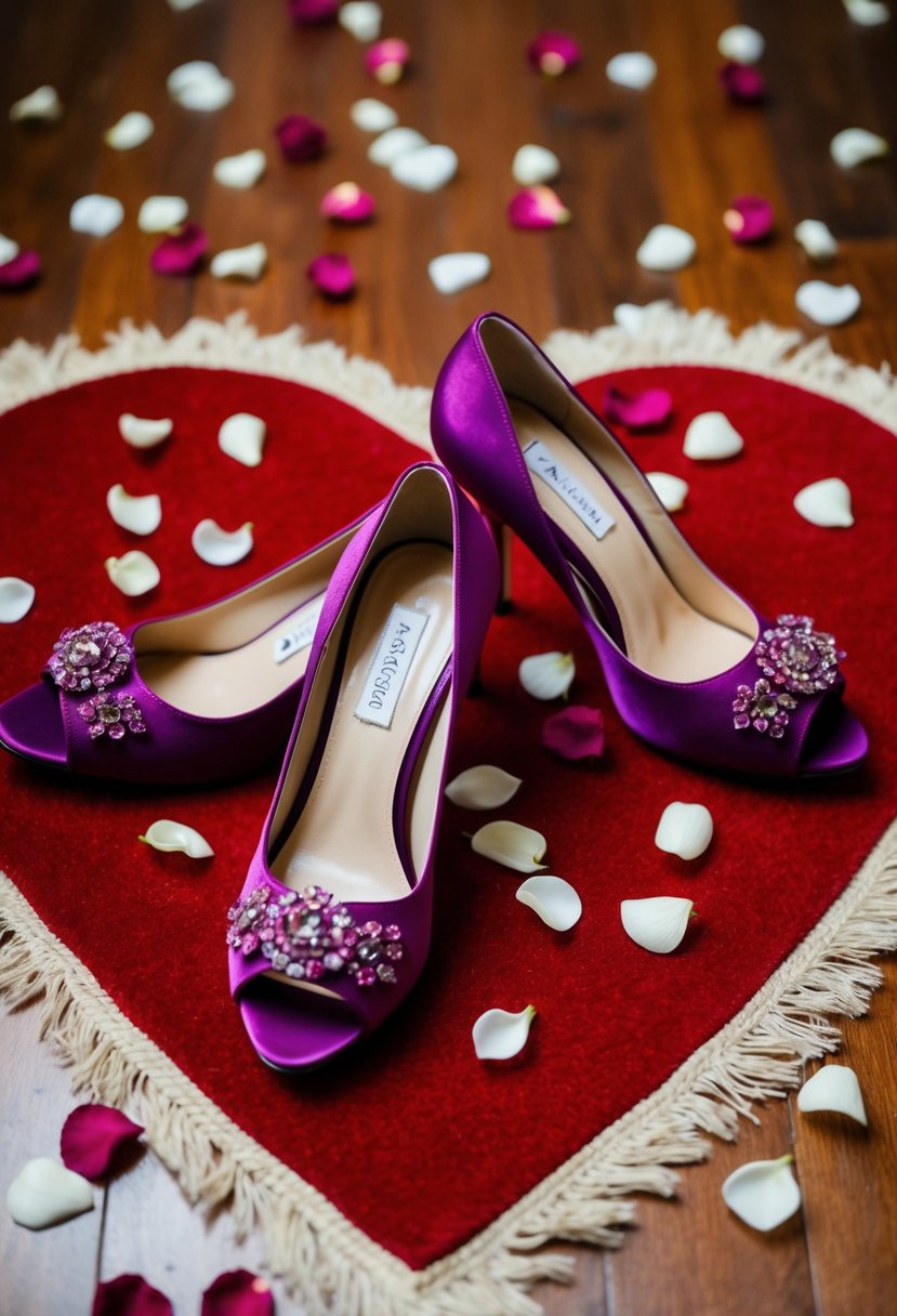 Red and purple wedding heels arranged on a heart-shaped rug surrounded by scattered rose petals