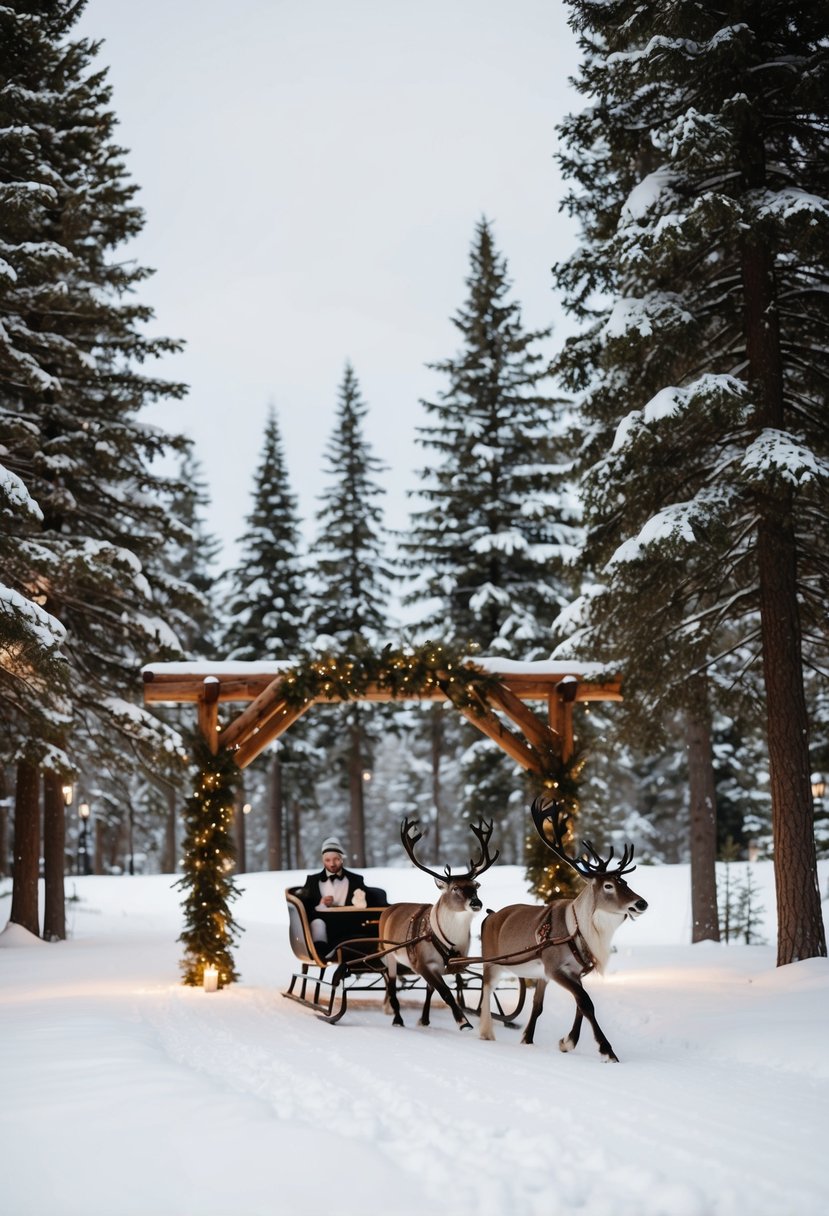 A cozy winter wedding scene with snow-covered pine trees, a rustic wooden arch adorned with twinkling lights, and a couple of reindeer pulling a sleigh