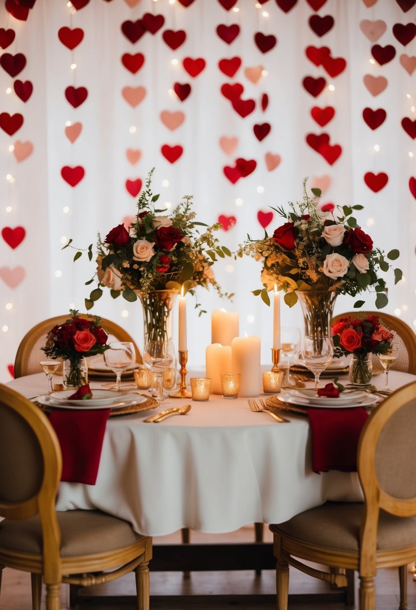 A cozy table for two, adorned with candles and flowers, set against a romantic backdrop for a Valentine's Day wedding