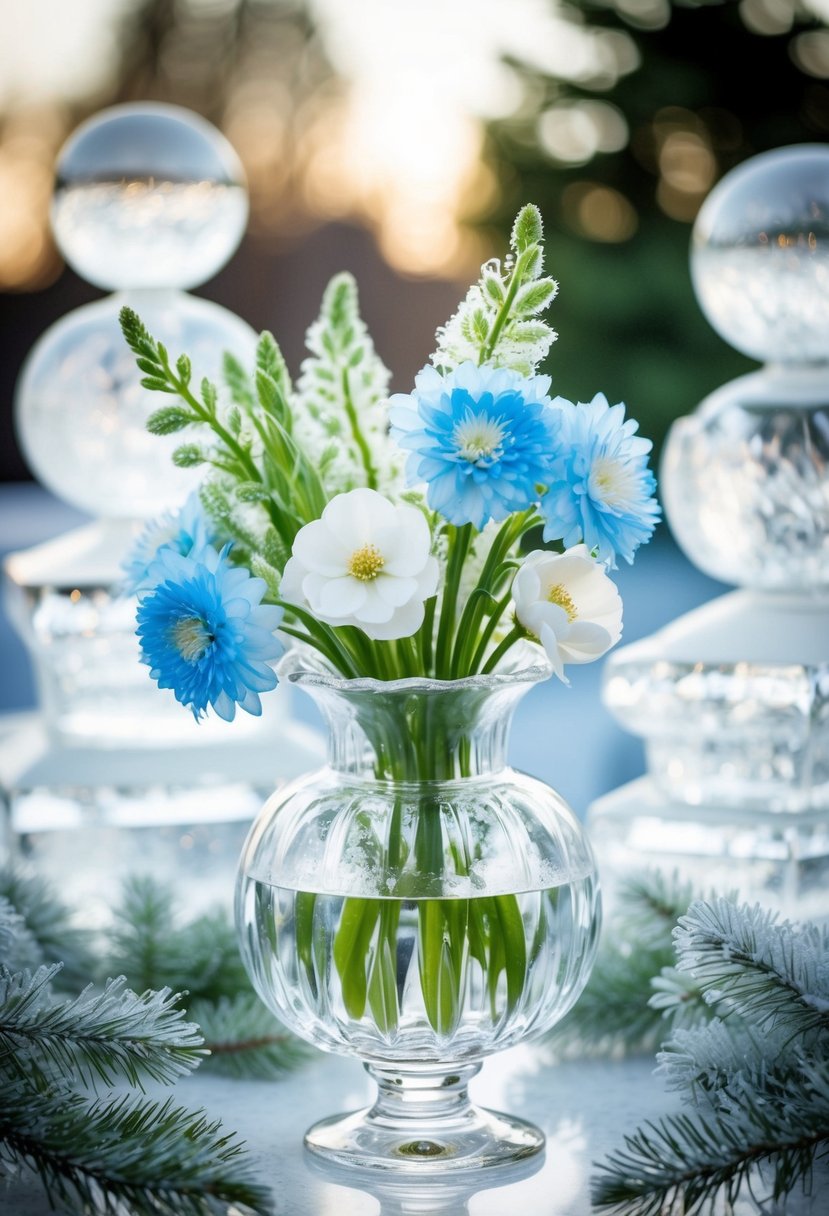 A crystal-clear vase holds delicate blue and white flowers, surrounded by ice sculptures and frosted greenery