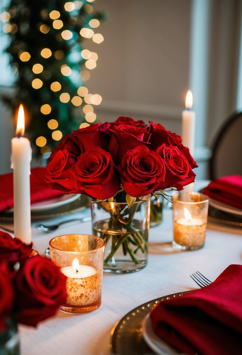 A romantic table setting with red roses and flickering candles