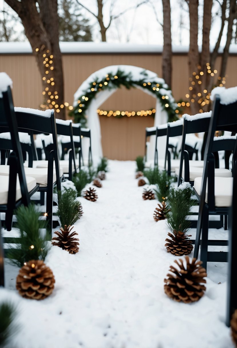 An outdoor wedding aisle lined with artificial snow, surrounded by winter-themed decorations such as pinecones and twinkling lights