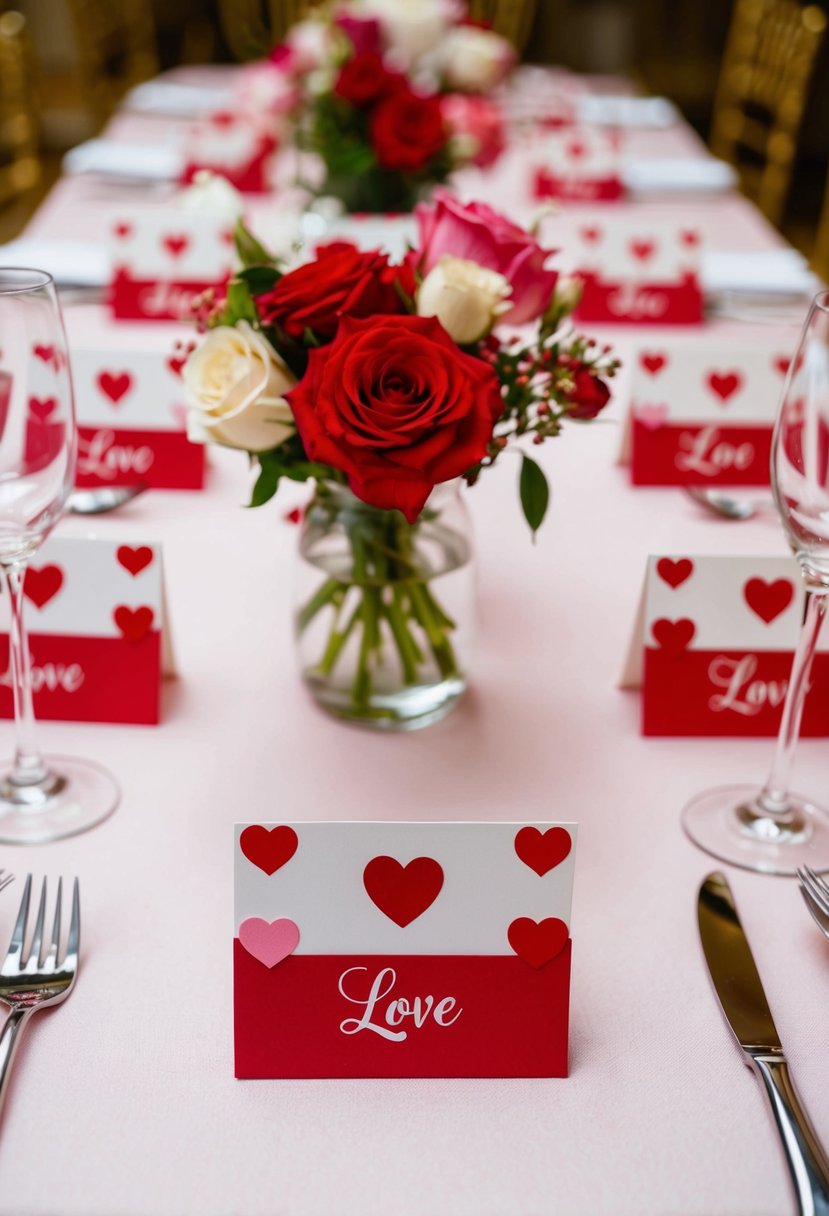 A table set with love-themed place cards for a Valentine's Day wedding, adorned with hearts and flowers