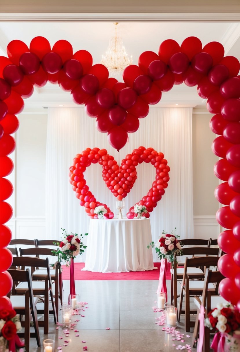 A heart-shaped balloon arch frames a wedding altar, creating a romantic and festive atmosphere for a Valentine's Day celebration