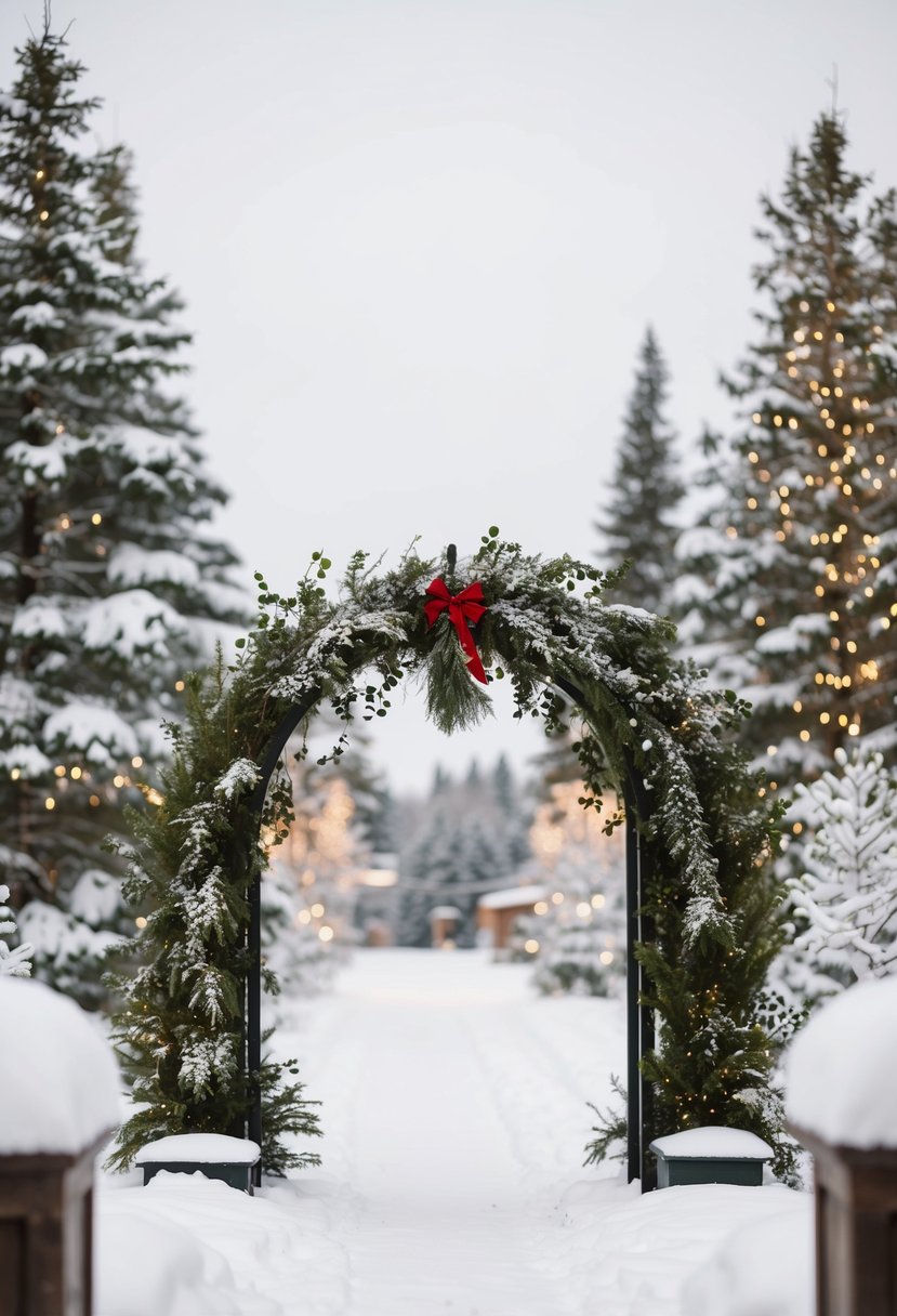 An archway adorned with mistletoe, surrounded by snow-covered trees and twinkling lights, creating a romantic setting for a winter wedding