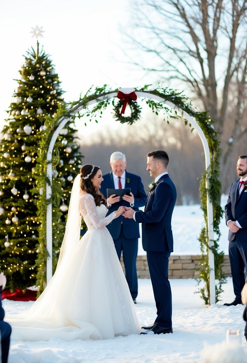 A snowy outdoor wedding with a festive Christmas tree, twinkling lights, and a bride and groom exchanging vows under a mistletoe arch