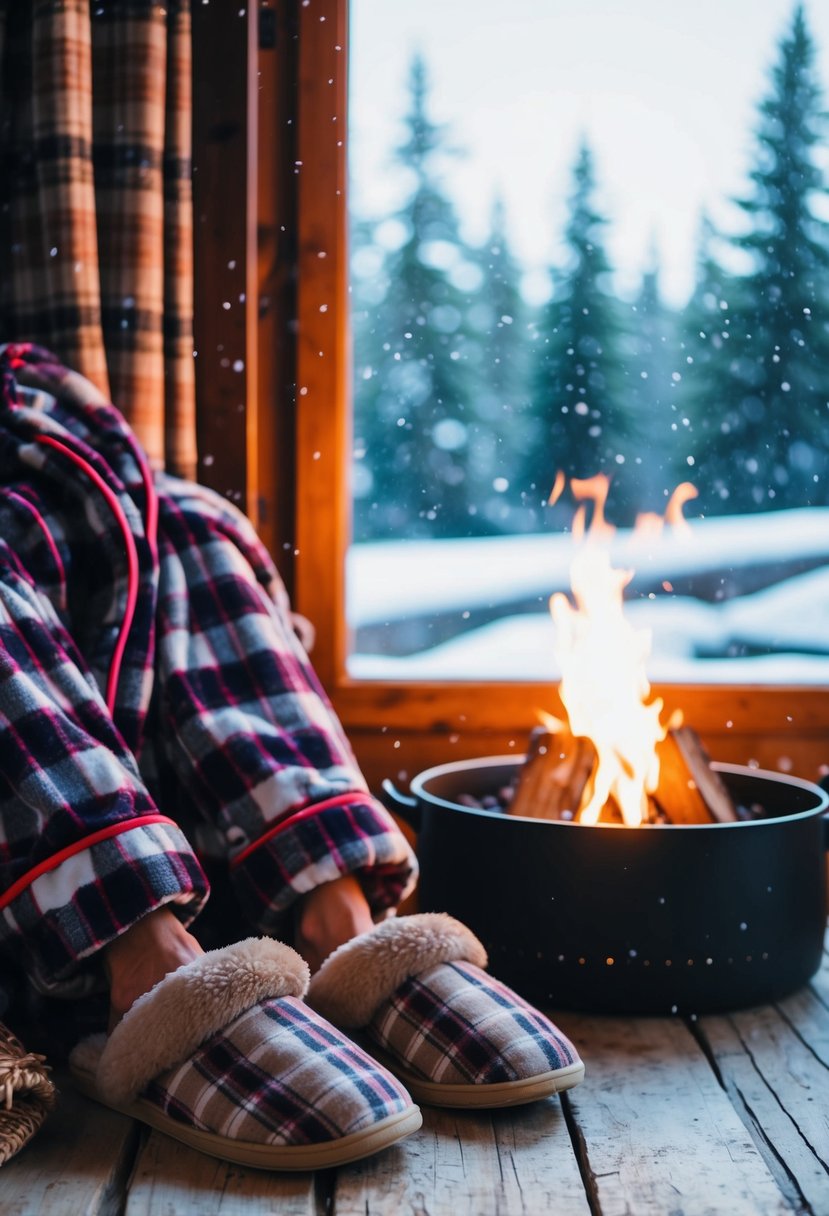 A cozy cabin interior with plaid-patterned robes and slippers, a crackling fire, and snow falling outside