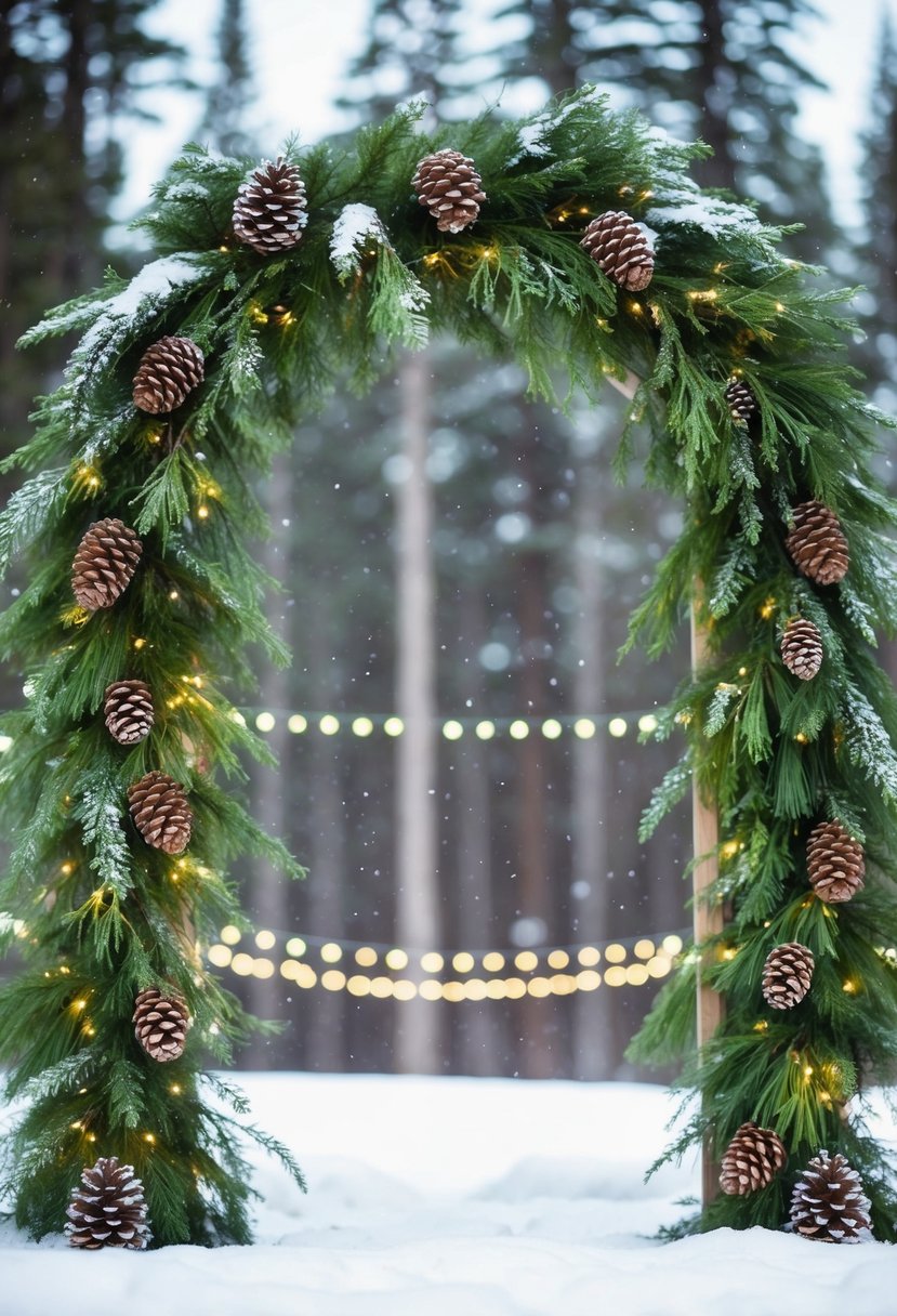 Evergreen garlands and pinecones adorn a rustic wedding arch, with twinkling lights and a dusting of snow