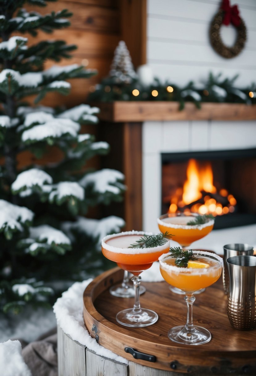 A cozy fireplace setting with snow-covered pine trees, a rustic wooden bar, and elegant glassware filled with winter-inspired cocktails