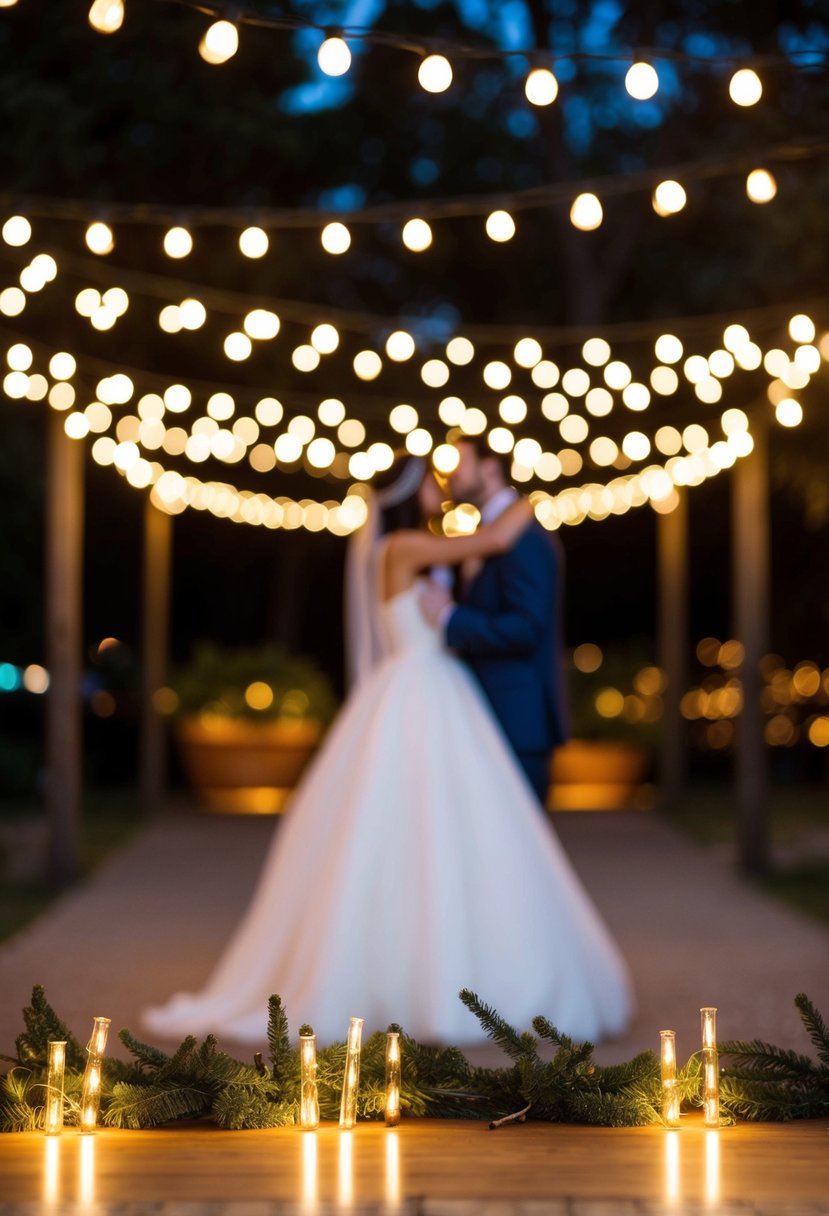 Twinkling string lights create a warm ambiance for a Christmas wedding