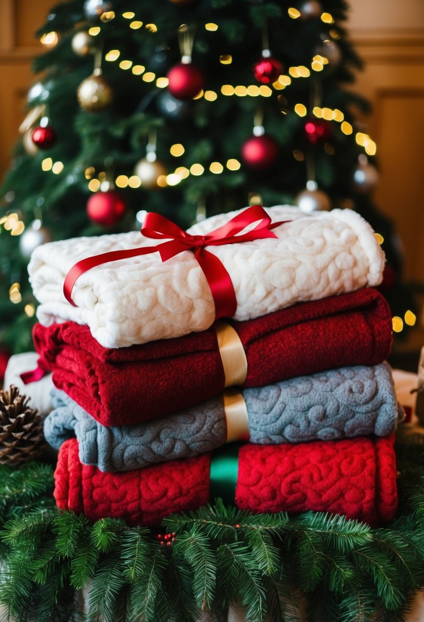 A pile of cozy blankets tied with festive ribbons, arranged in a display at a Christmas wedding