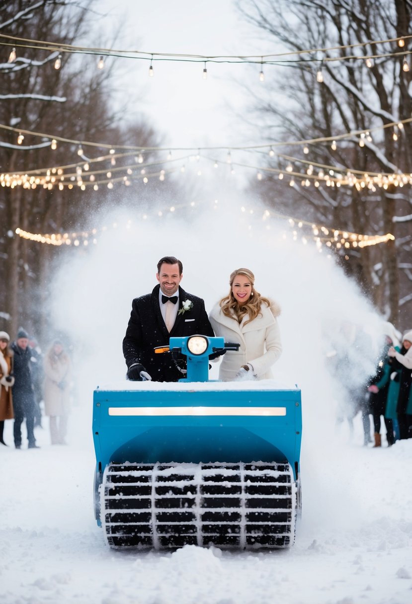 A snow machine creates a magical exit for newlyweds at their winter wedding