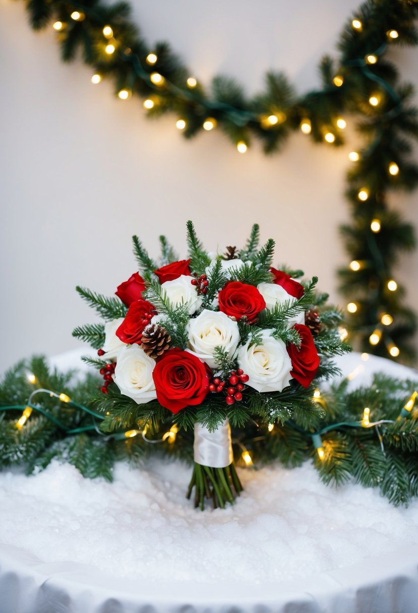 A red and white bridal bouquet sits on a snow-covered table, surrounded by twinkling Christmas lights and pine garland