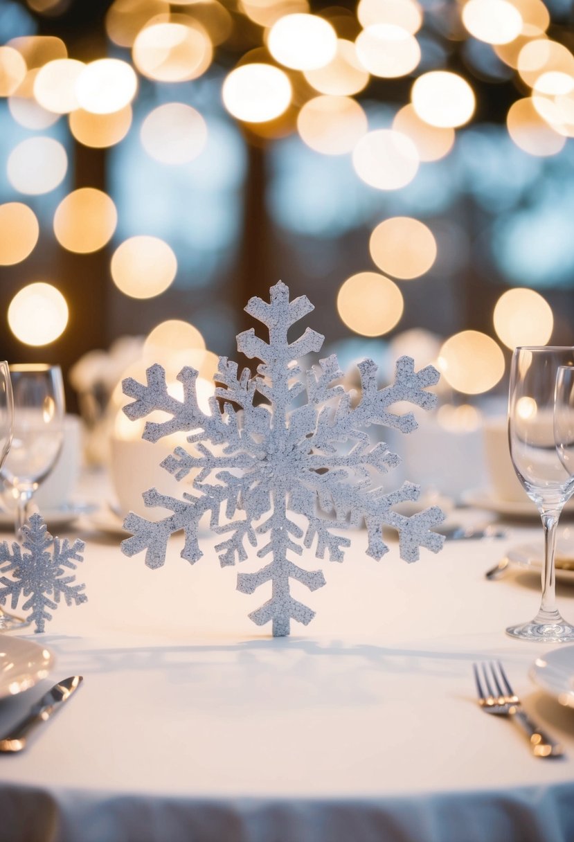 Snowflakes made of white glittered paper scattered across a winter wedding table