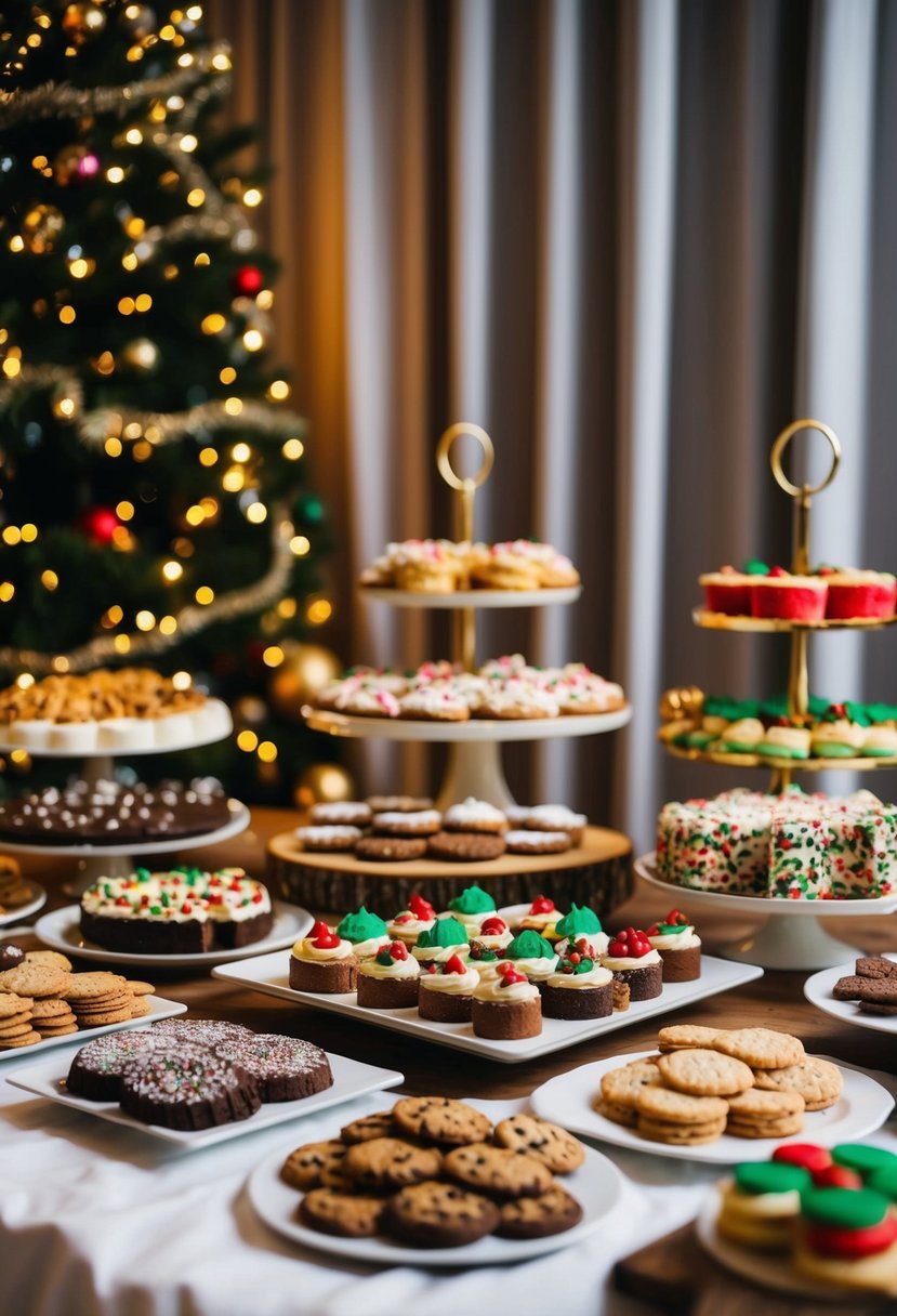 A festive dessert buffet with an array of Christmas cookies, cakes, and treats, adorned with holiday decorations and twinkling lights