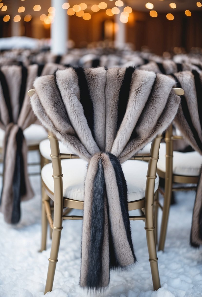 Faux fur shawls draped over chairs at a winter wedding, with a cozy and elegant ambiance