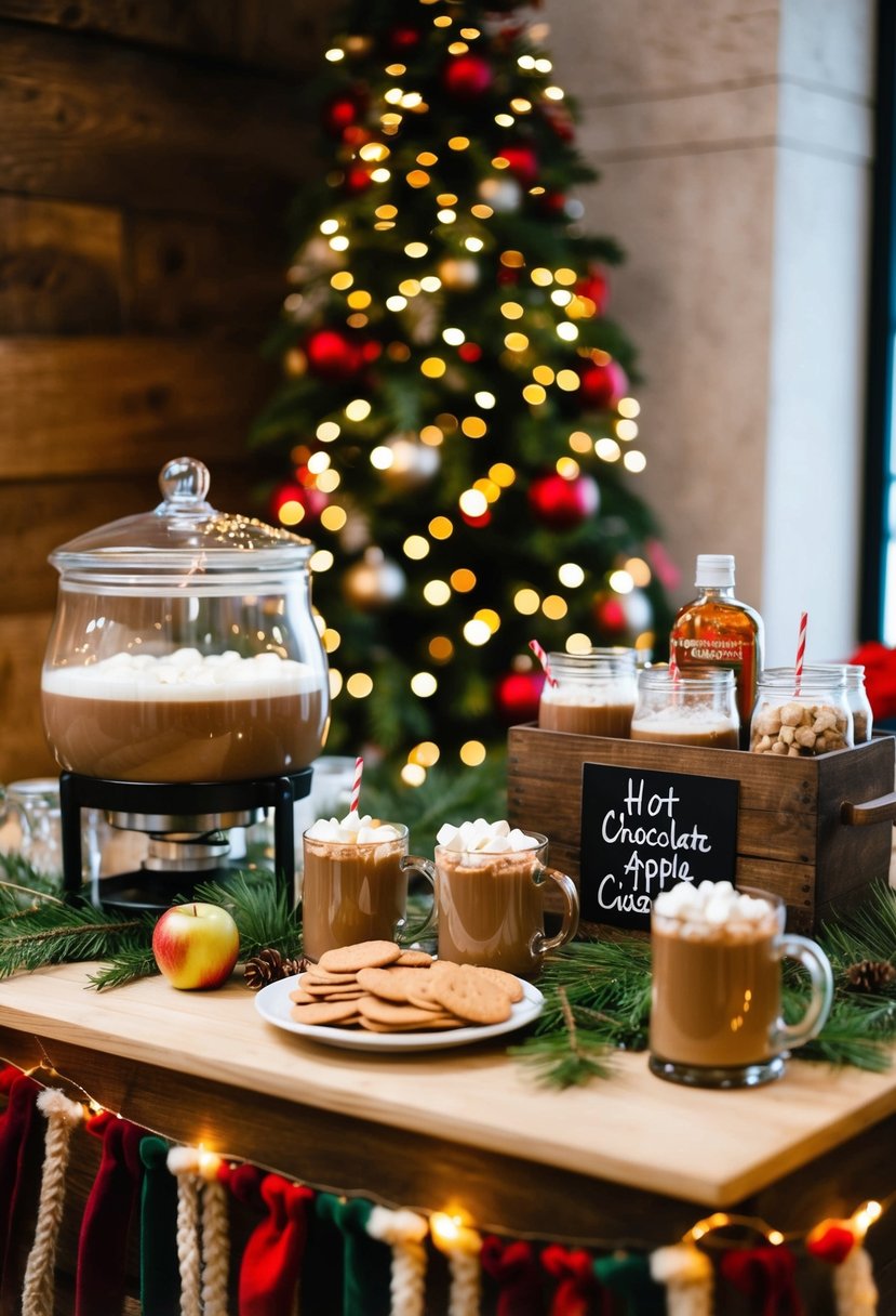 A cozy Christmas wedding scene with a rustic hot chocolate and apple cider bar, adorned with festive decorations and twinkling lights