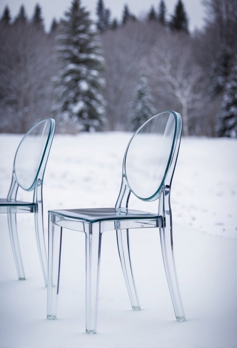 A sleek, modern wedding setup with lucite chairs, set against a backdrop of snowy winter scenery