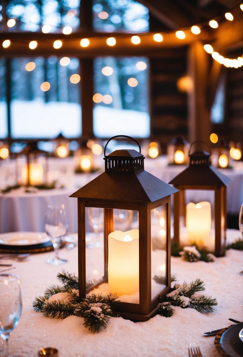 A cozy winter wedding with rustic lantern centerpieces casting a warm glow on snowy tables