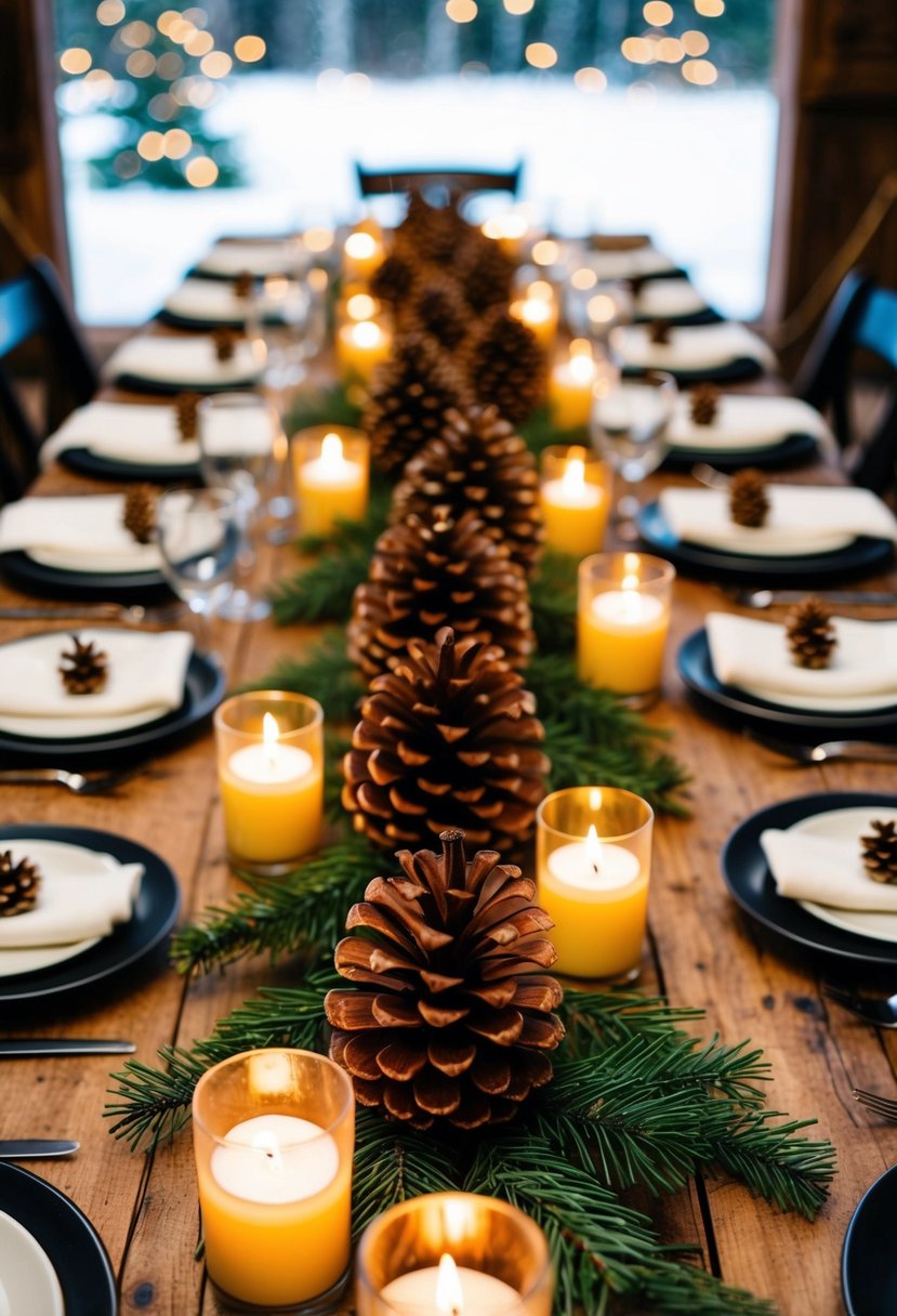 A rustic wooden table adorned with pinecone centerpieces, surrounded by flickering candles, set for a winter wedding celebration