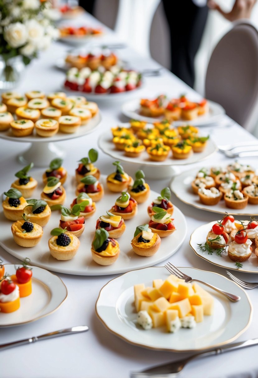 A beautifully decorated table with an array of elegant and colorful appetizers, including mini quiches, bruschetta, and cheese platters