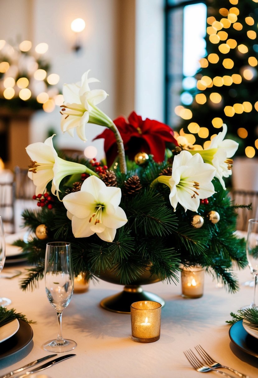 A festive table centerpiece with Amaryllis and Pine arrangements for a Christmas wedding