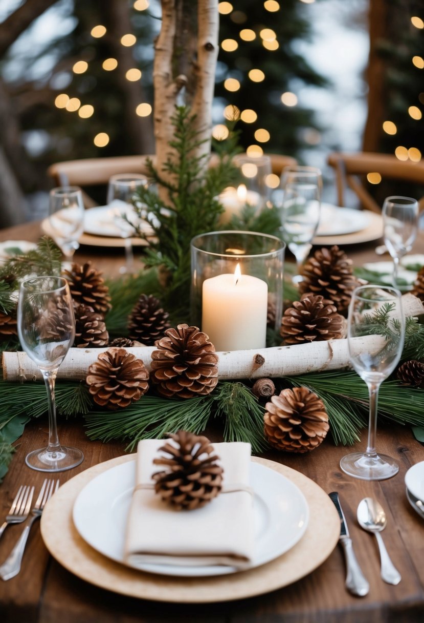 A cozy winter wedding scene with rustic woodland decor pieces, such as pinecones, birch logs, and evergreen branches, adorning the tables and ceremony space