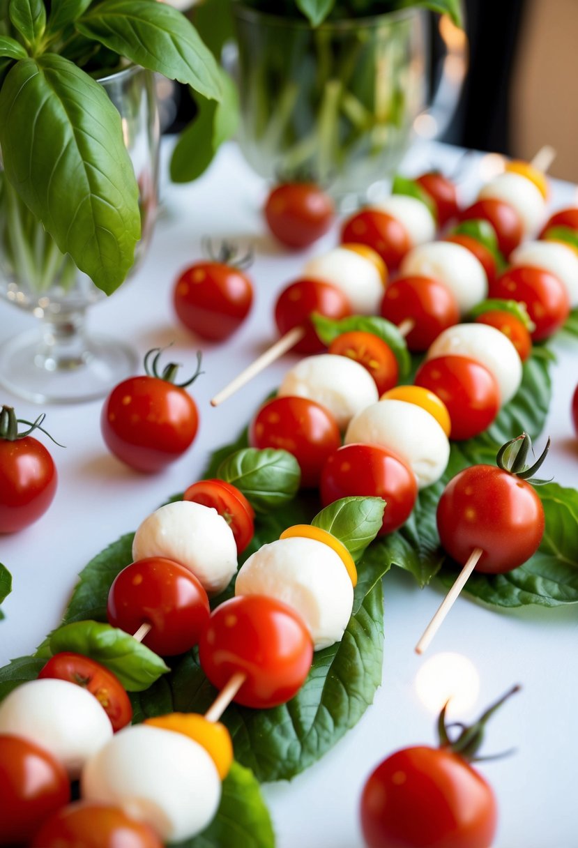 A table adorned with elegant mini Caprese skewers, featuring cherry tomatoes, mozzarella balls, and fresh basil leaves, arranged in a visually appealing display