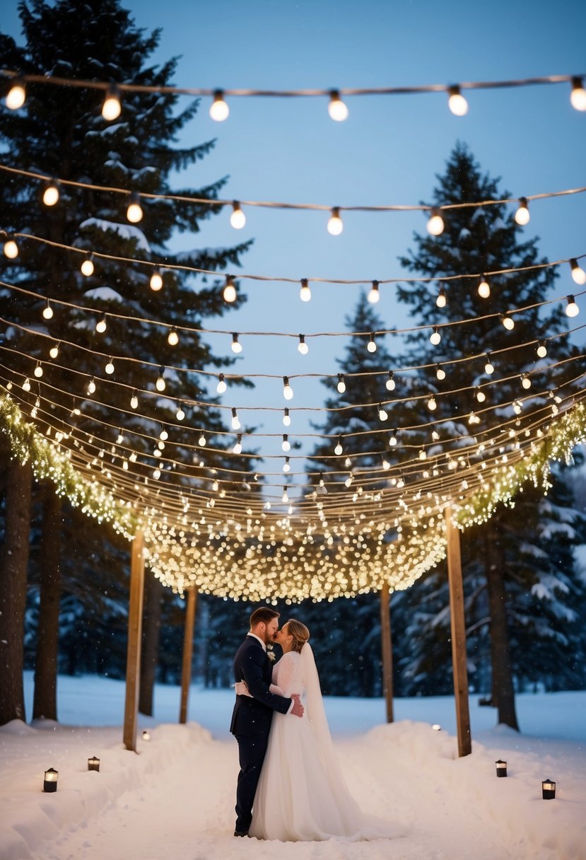 Fairy lights drape over a snowy winter wedding, creating a twinkling canopy of magic and romance