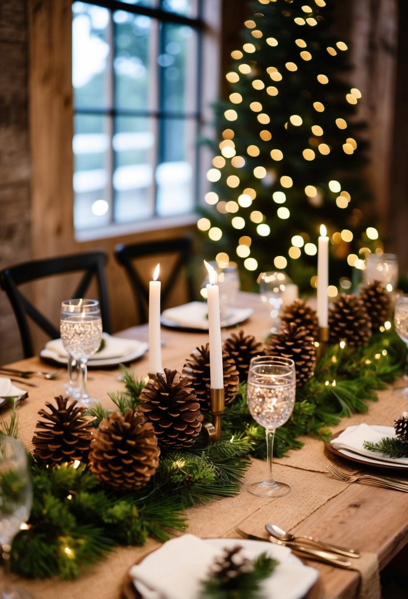 A rustic table adorned with pine cone centerpieces, accented with festive greenery and twinkling lights, creating a cozy and charming atmosphere for a Christmas wedding