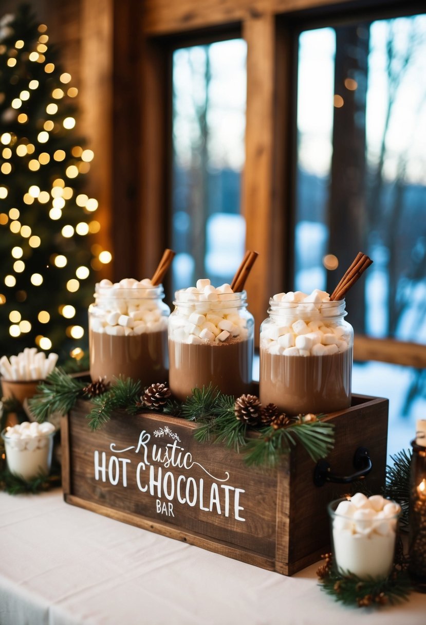 A cozy winter wedding scene with a rustic hot chocolate bar station adorned with marshmallows, cinnamon sticks, and festive decor