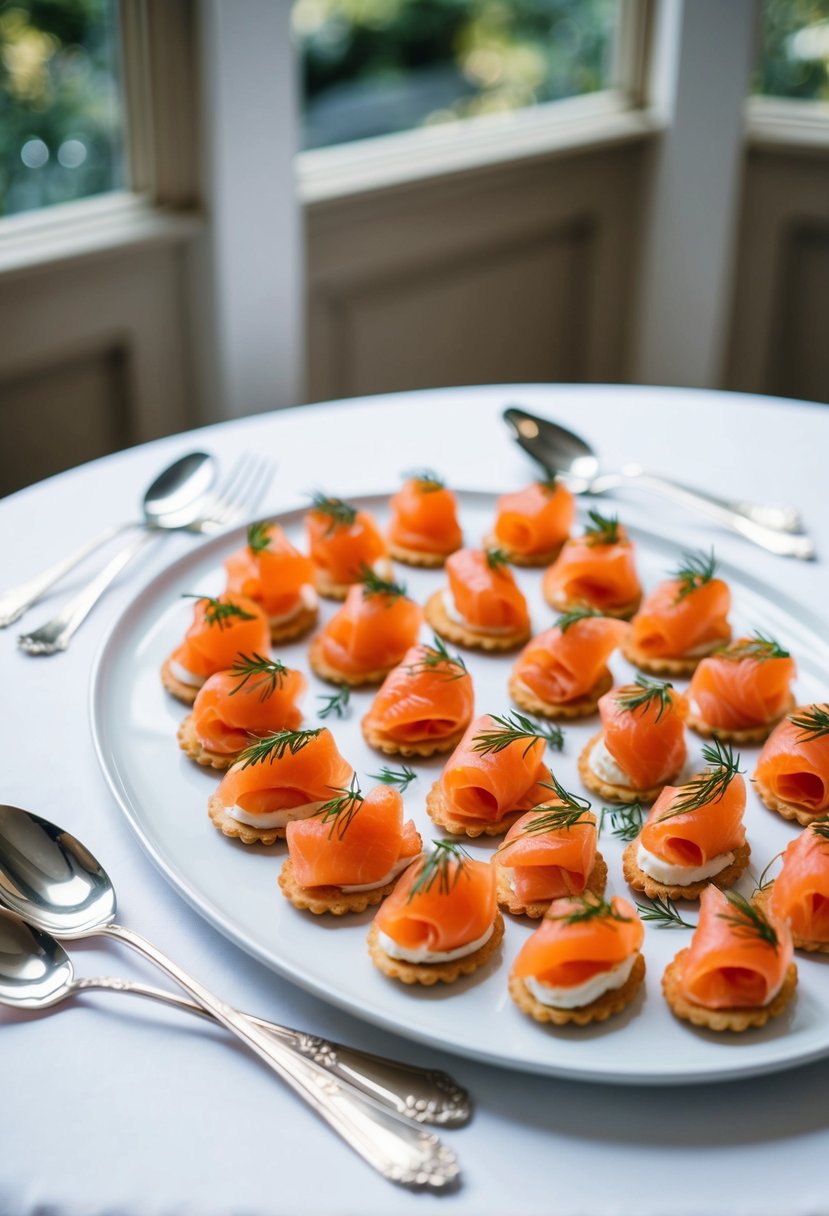 A platter of smoked salmon canapés arranged on a white tablecloth with elegant silver serving utensils