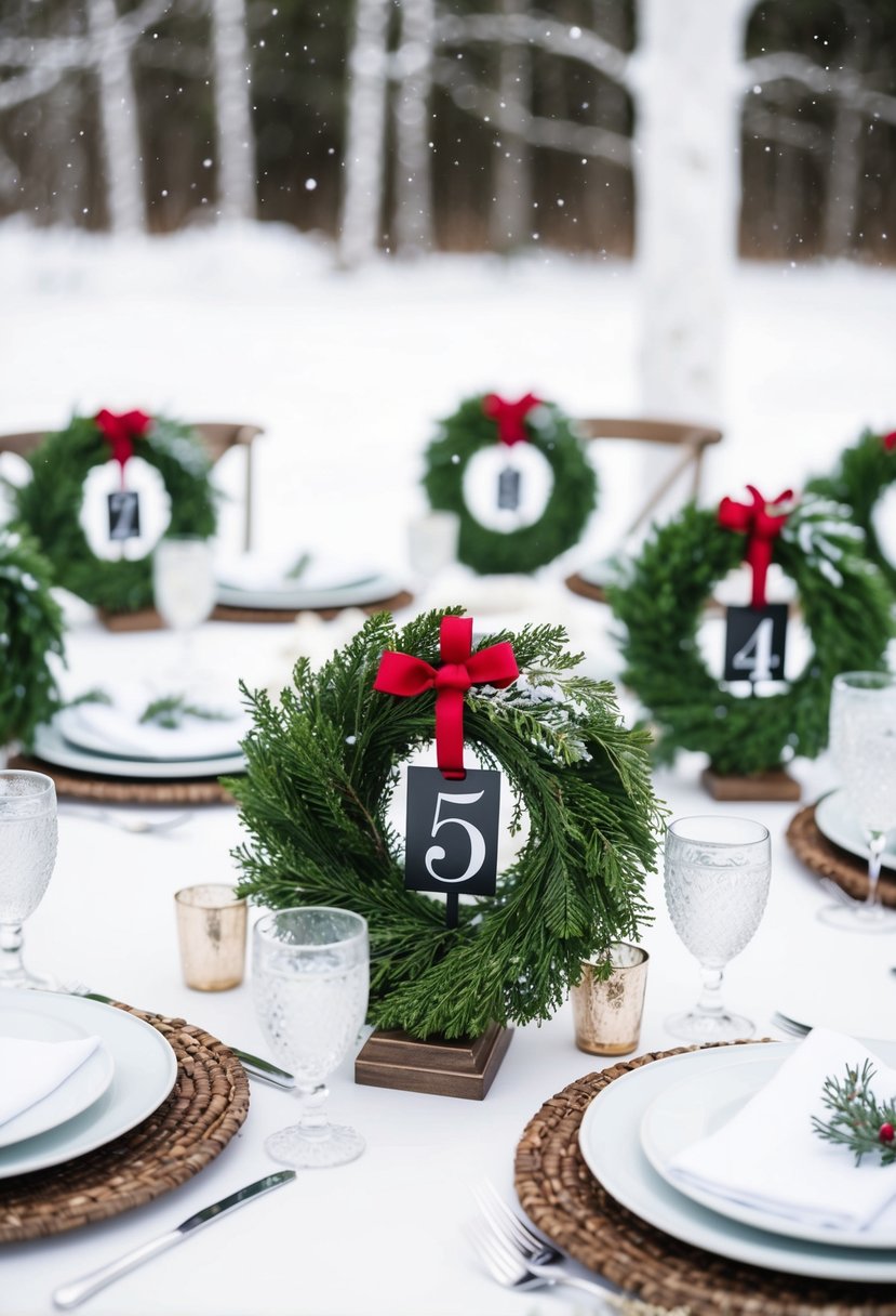 A snowy table with elegant winter wreaths holding table numbers