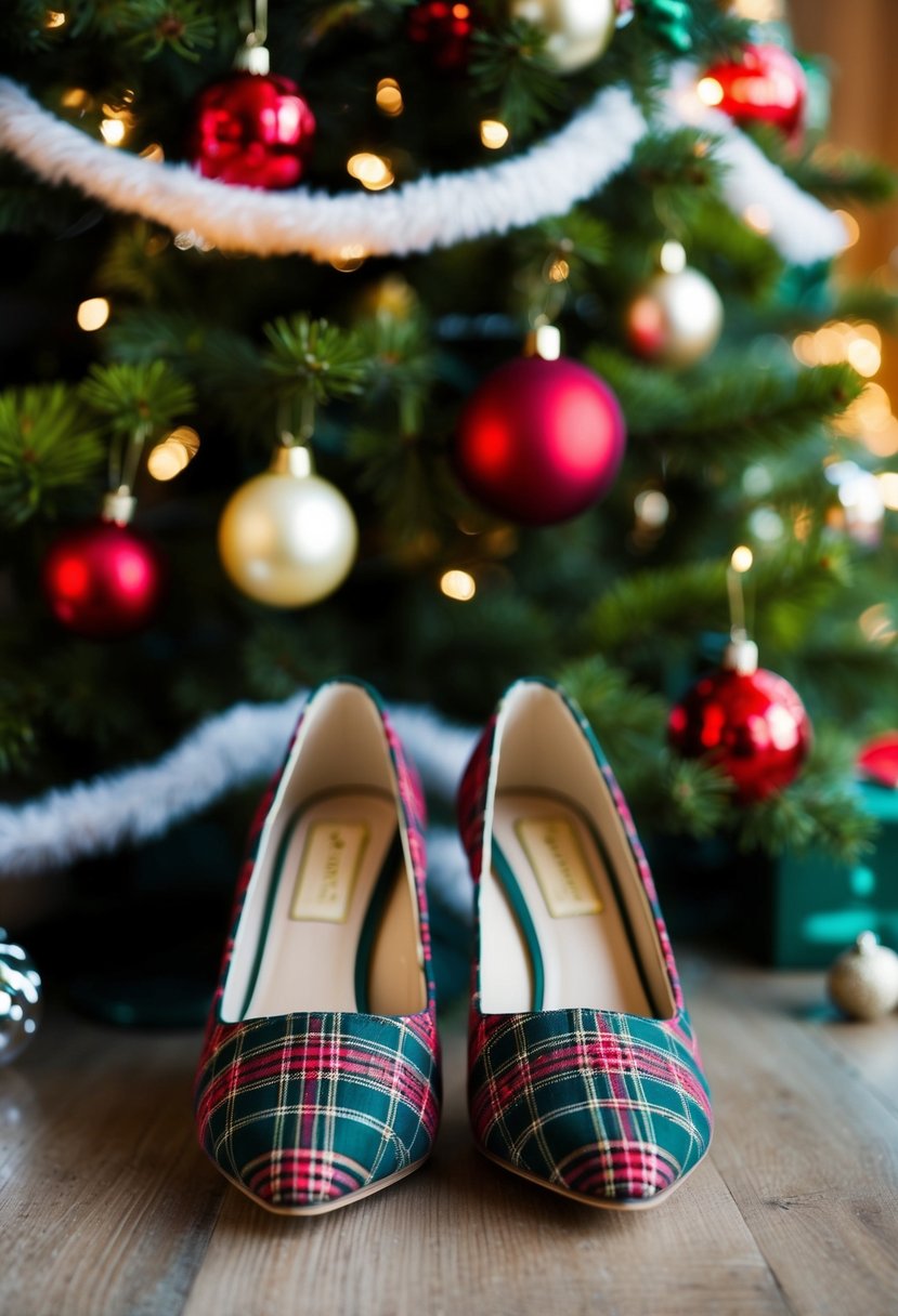 Plaid bridal shoes placed under a Christmas tree with festive decorations