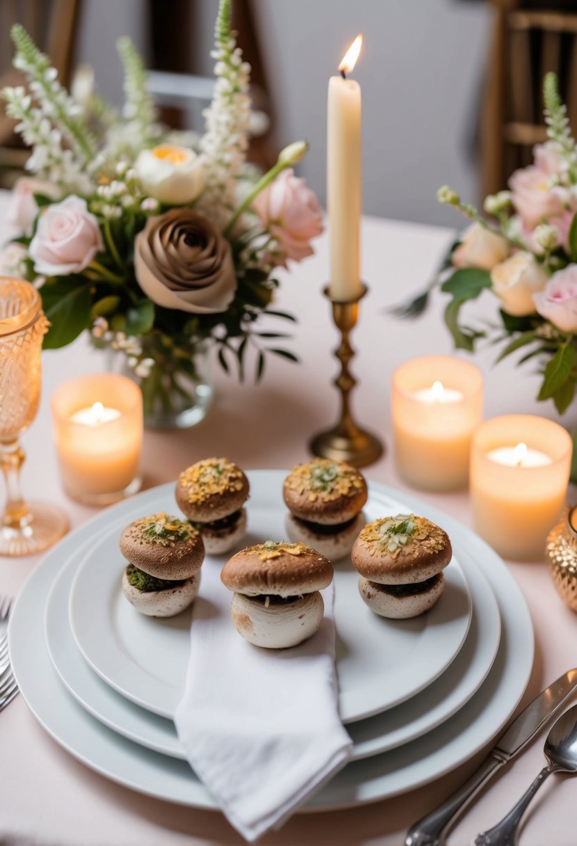 A table adorned with elegant stuffed mushroom caps, surrounded by delicate floral arrangements and soft candlelight