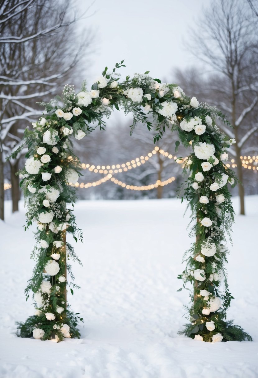 An elegant winter floral arch stands in a snow-covered wedding setting, with delicate white flowers and greenery intertwined with twinkling lights