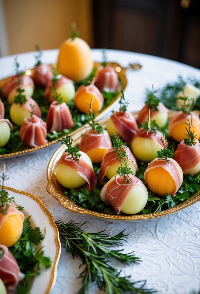 A decorative table with assorted prosciutto-wrapped melon appetizers, garnished with fresh herbs and displayed on elegant serving platters